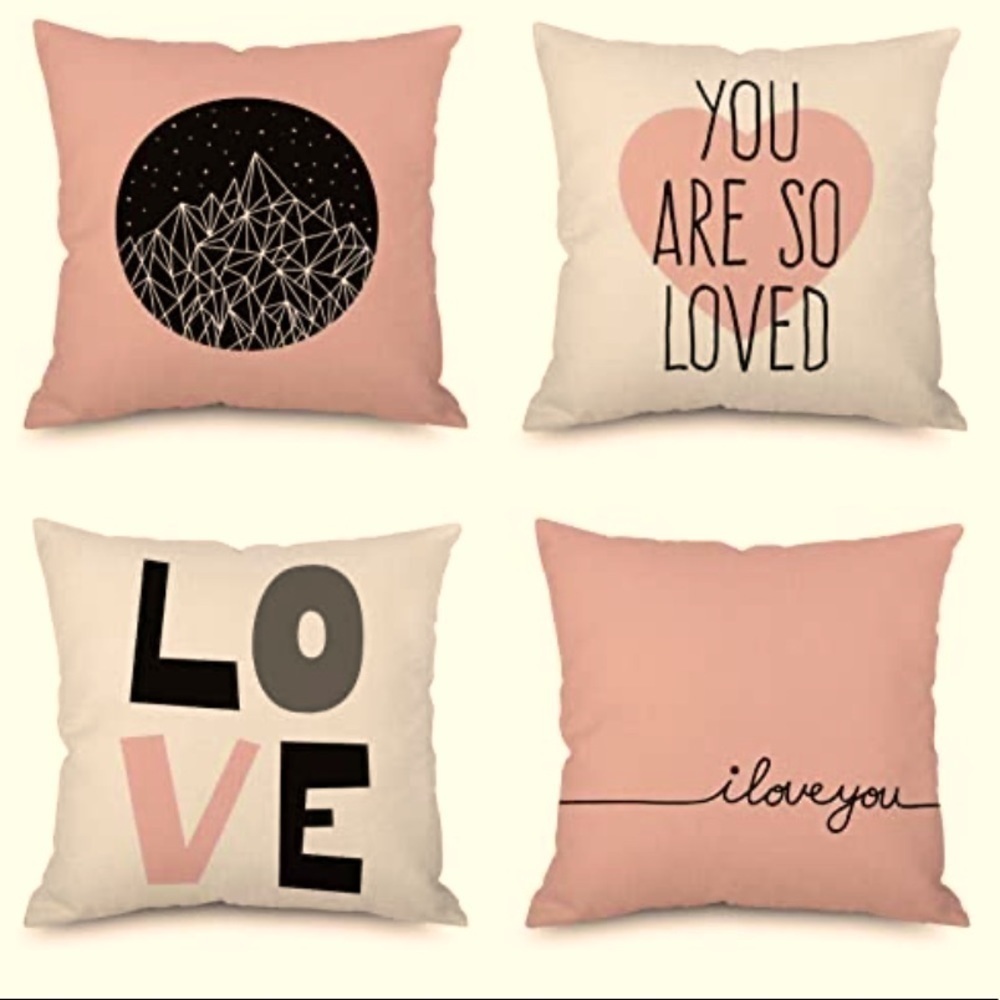 Nwt Set of 4 Boho Rustic Home Day Throw Love Themed Burlap Pillows 18”x18”